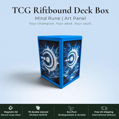 Glyphbound Mind Rune Riftbound Magnetic TCG Deck Box | HueForge Multi-Colour Art Panel | Blue Mind Rune Edition | Compatible with Riftbound, Pokémon TCG, Yu-Gi-Oh! and MTG Draft | Holds 70 Double Sleeved Cards | UK Made by Origin·S Studio Rotherham | Gift for TCG Player