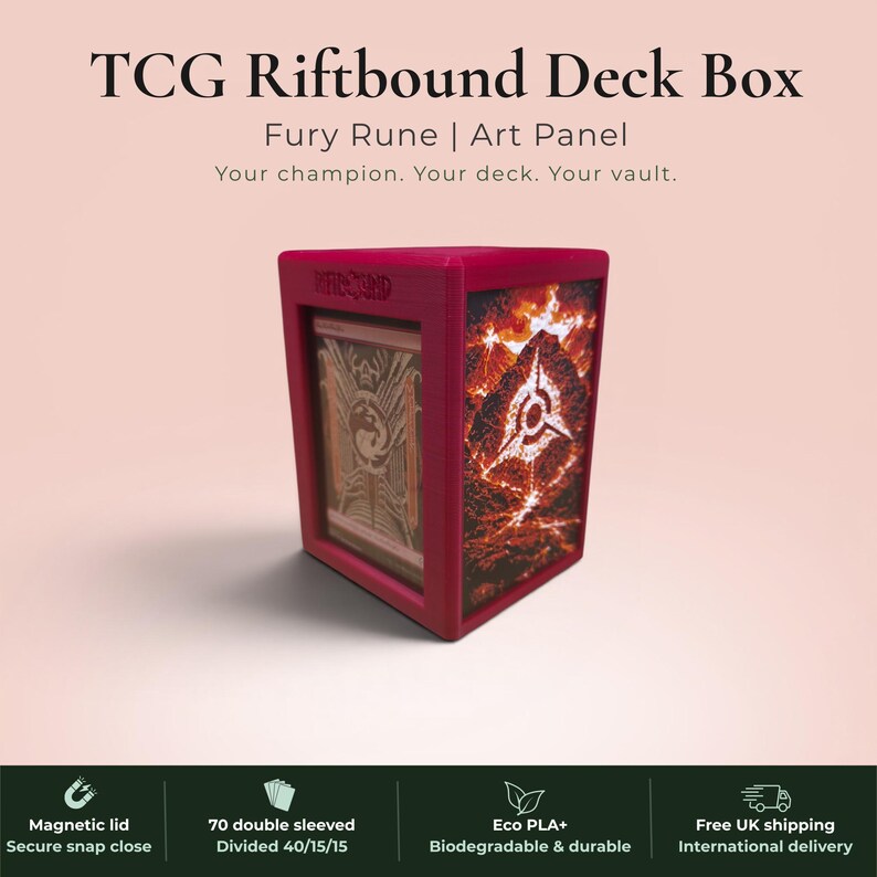 Glyphbound Fury Rune Riftbound Magnetic TCG Deck Box | HueForge Multi-Colour Art Panel | Red Fury Rune Edition | Compatible with Riftbound, Pokémon TCG, Yu-Gi-Oh! and MTG Draft | Holds 70 Double Sleeved Cards | UK Made by Origin·S Studio Rotherham | Gift for TCG Player