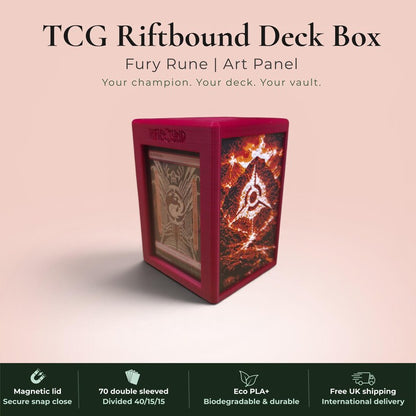 Glyphbound Fury Rune Riftbound Magnetic TCG Deck Box | HueForge Multi-Colour Art Panel | Red Fury Rune Edition | Compatible with Riftbound, Pokémon TCG, Yu-Gi-Oh! and MTG Draft | Holds 70 Double Sleeved Cards | UK Made by Origin·S Studio Rotherham | Gift for TCG Player