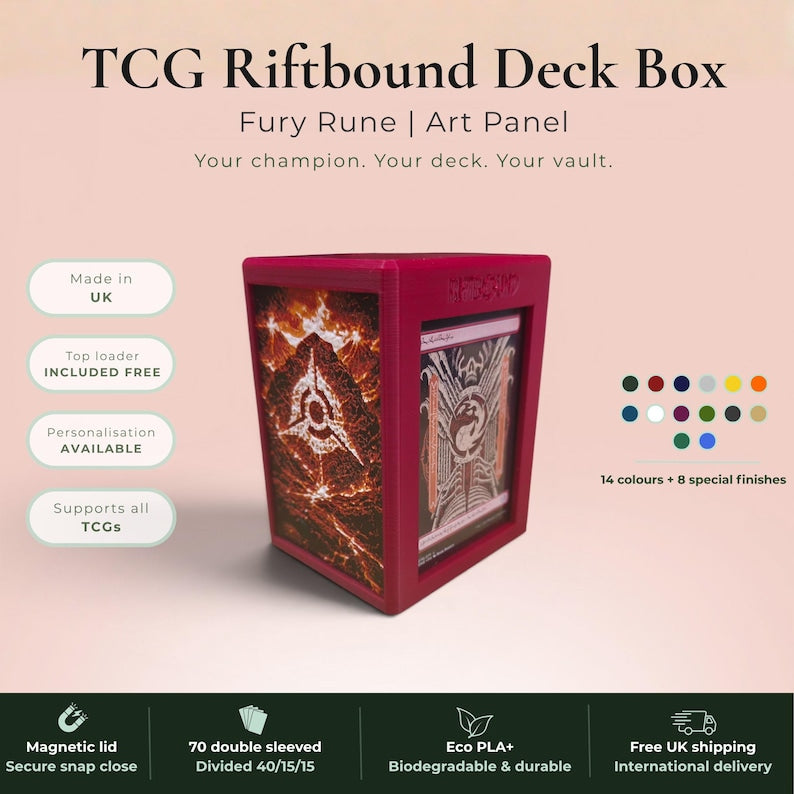 Glyphbound Fury Rune Riftbound Magnetic TCG Deck Box | HueForge Multi-Colour Art Panel | Red Fury Rune Edition | Compatible with Riftbound, Pokémon TCG, Yu-Gi-Oh! and MTG Draft | Holds 70 Double Sleeved Cards | UK Made by Origin·S Studio Rotherham | Gift for TCG Player