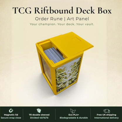 3D Printed Magnetic TCG Deck Box compatible with Pokémon TCG, Riftbound, Yu-Gi-Oh!, MTG Draft, One Piece TCG, Disney Lorcana | HueForge Art Panel | 70 Double Sleeved Cards | Premium Card Vault | UK Made | Gift for TCG Player