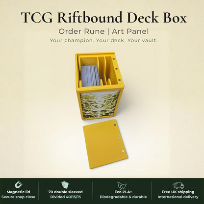 3D Printed Magnetic TCG Deck Box compatible with Pokémon TCG, Riftbound, Yu-Gi-Oh!, MTG Draft, One Piece TCG, Disney Lorcana | HueForge Art Panel | 70 Double Sleeved Cards | Premium Card Vault | UK Made | Gift for TCG Player