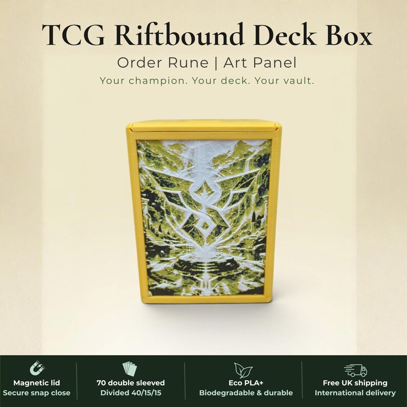 3D Printed Magnetic TCG Deck Box compatible with Pokémon TCG, Riftbound, Yu-Gi-Oh!, MTG Draft, One Piece TCG, Disney Lorcana | HueForge Art Panel | 70 Double Sleeved Cards | Premium Card Vault | UK Made | Gift for TCG Player