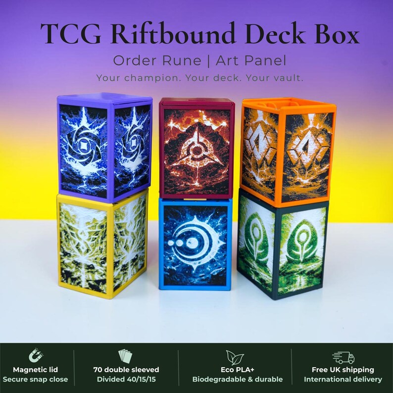 3D Printed Magnetic TCG Deck Box compatible with Pokémon TCG, Riftbound, Yu-Gi-Oh!, MTG Draft, One Piece TCG, Disney Lorcana | HueForge Art Panel | 70 Double Sleeved Cards | Premium Card Vault | UK Made | Gift for TCG Player