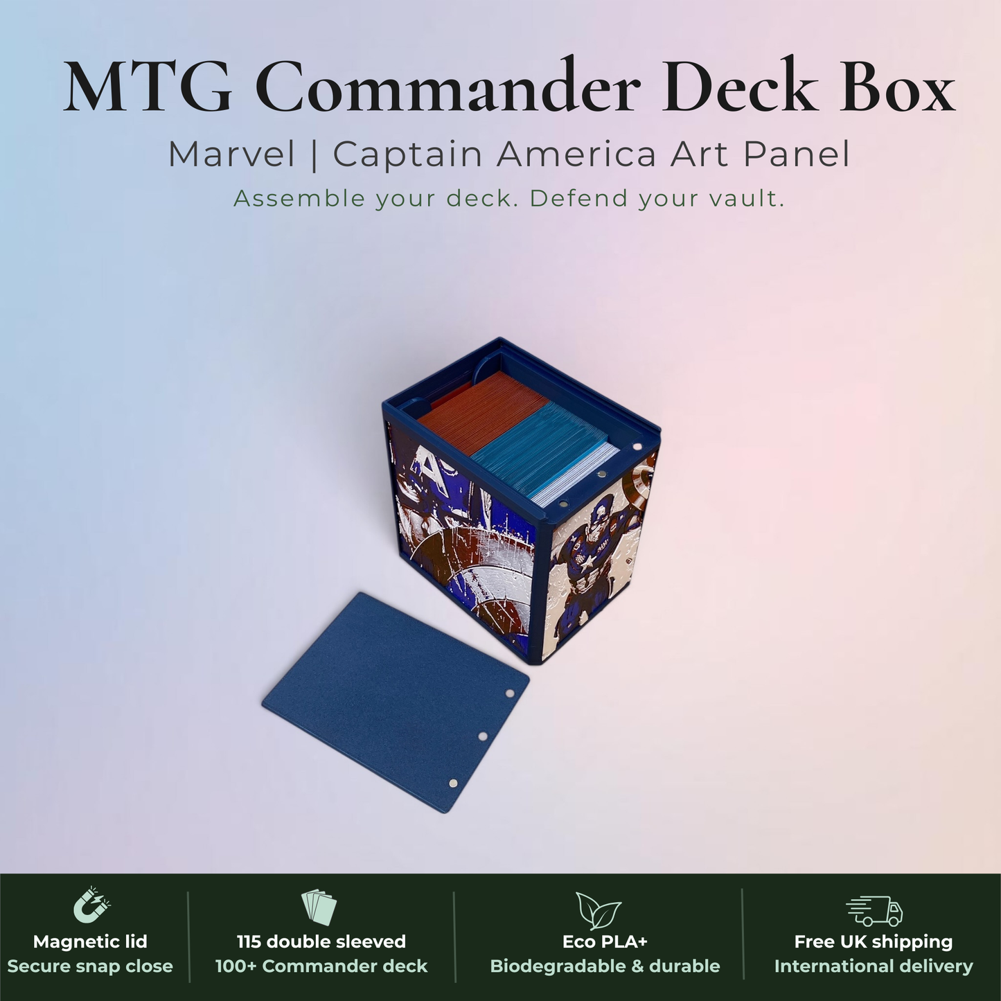 Captain America MTG Commander deck box, Marvel Super Heroes art panel.
Magnetic lid, fits 115 double-sleeved cards, top-loader included.
Handmade in Rotherham UK, 22 colours available.