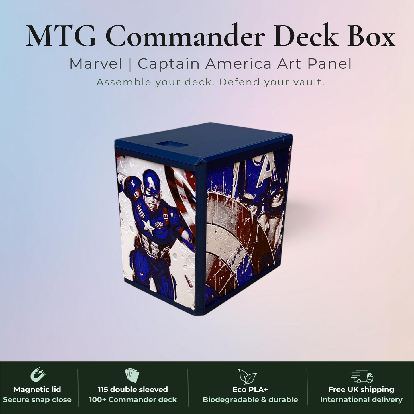 Captain America MTG Commander deck box, Marvel Super Heroes art panel.
Magnetic lid, fits 115 double-sleeved cards, top-loader included.
Handmade in Rotherham UK, 22 colours available.