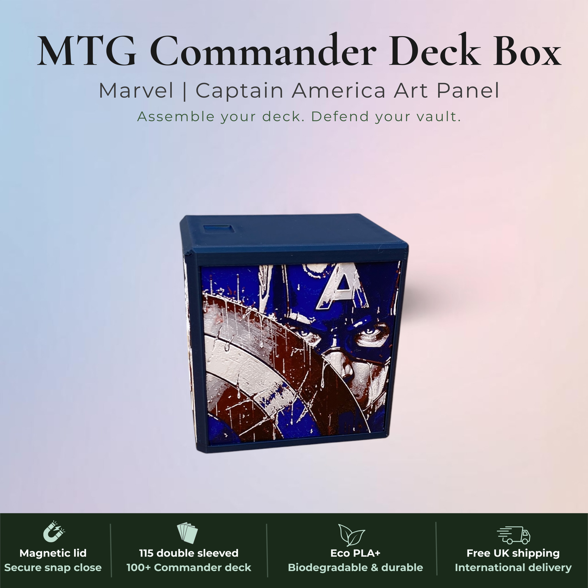 Captain America MTG Commander deck box, Marvel Super Heroes art panel.
Magnetic lid, fits 115 double-sleeved cards, top-loader included.
Handmade in Rotherham UK, 22 colours available.