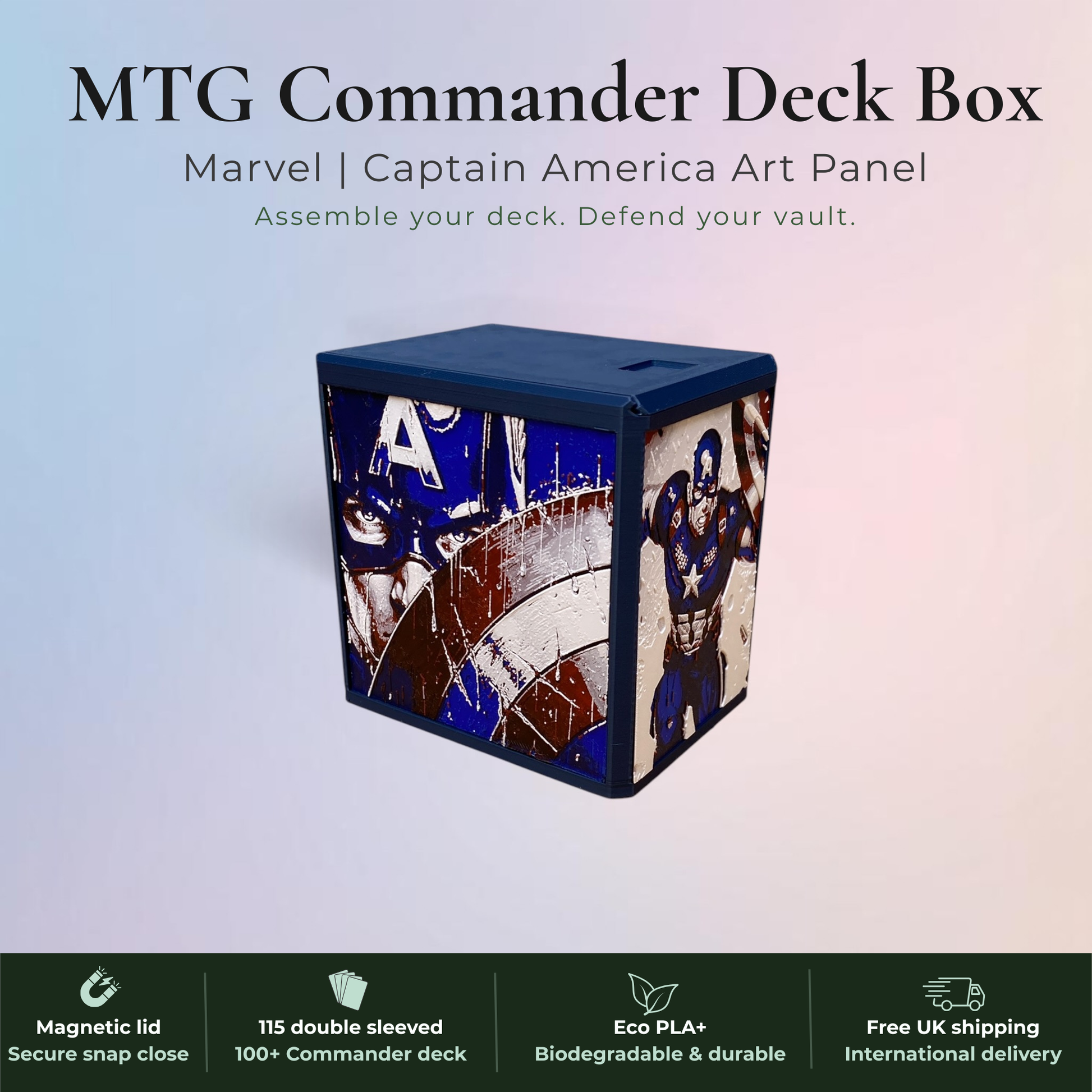 Captain America MTG Commander deck box, Marvel Super Heroes art panel.
Magnetic lid, fits 115 double-sleeved cards, top-loader included.
Handmade in Rotherham UK, 22 colours available.
