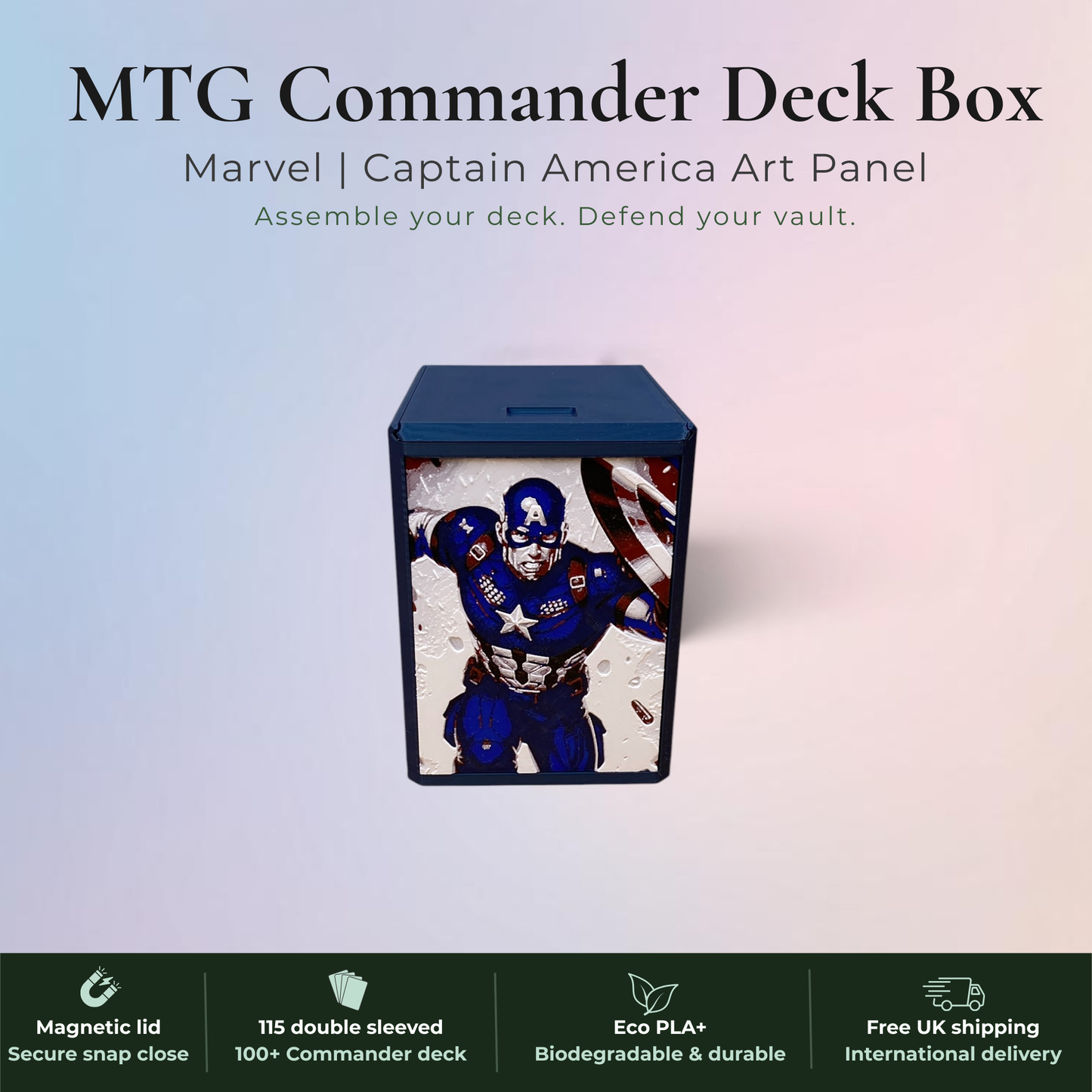 Captain America MTG Commander deck box, Marvel Super Heroes art panel.
Magnetic lid, fits 115 double-sleeved cards, top-loader included.
Handmade in Rotherham UK, 22 colours available.
