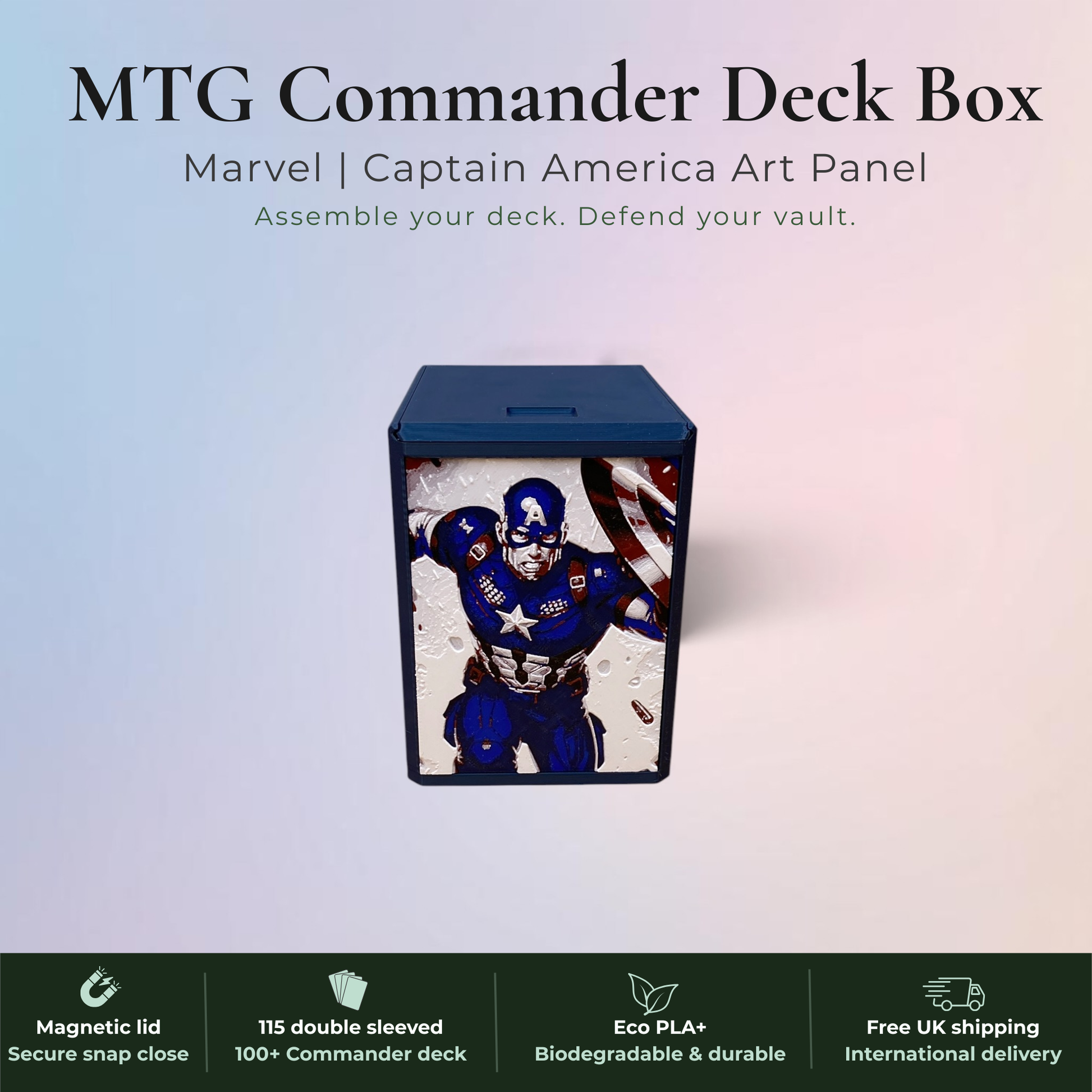 Captain America MTG Commander deck box, Marvel Super Heroes art panel.
Magnetic lid, fits 115 double-sleeved cards, top-loader included.
Handmade in Rotherham UK, 22 colours available.