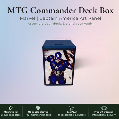 Captain America MTG Commander deck box, Marvel Super Heroes art panel.
Magnetic lid, fits 115 double-sleeved cards, top-loader included.
Handmade in Rotherham UK, 22 colours available.