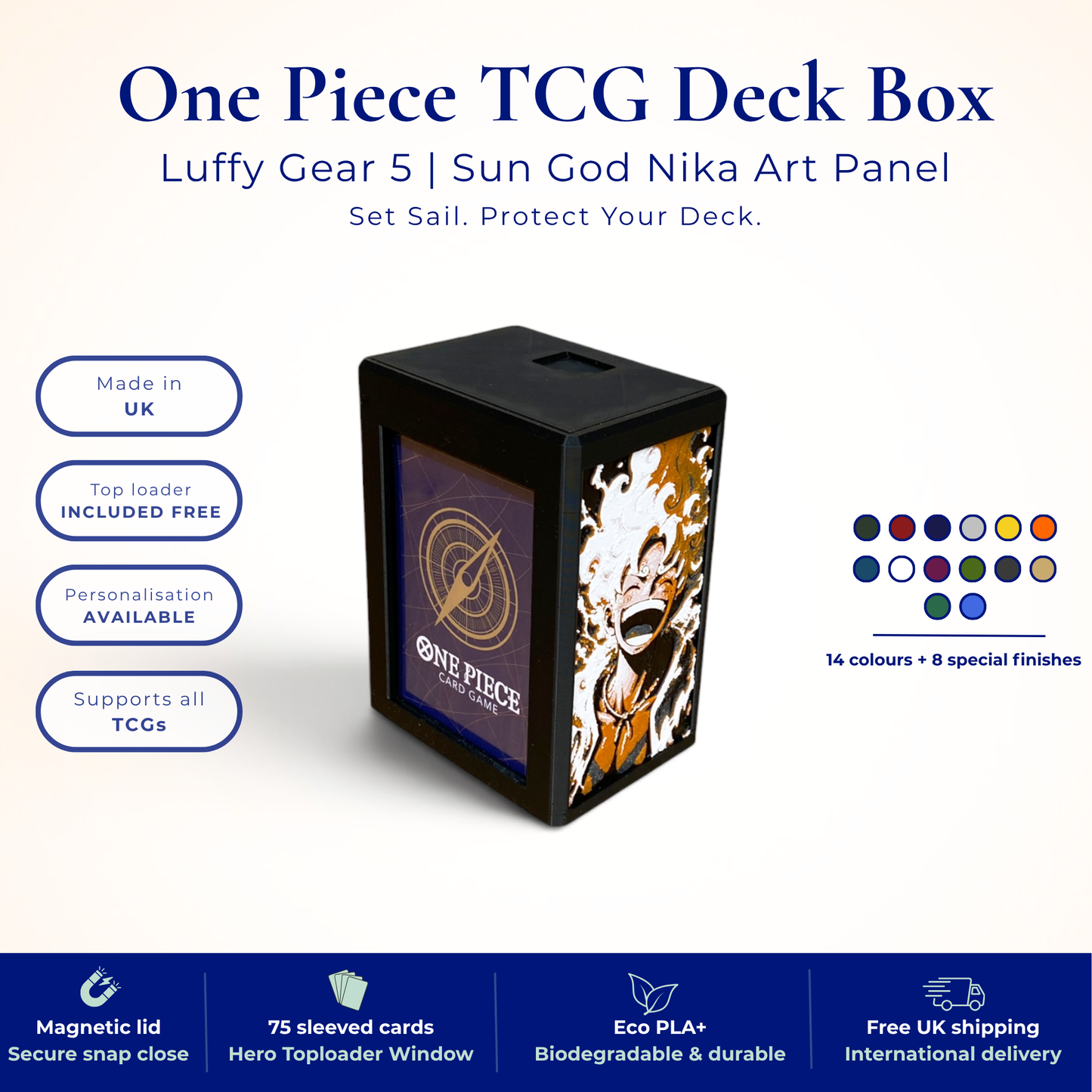 One Piece TCG Deck Box | Luffy Gear 5 Sun God Nika Art Panel, Magnetic Lid | 75+ Sleeved Cards