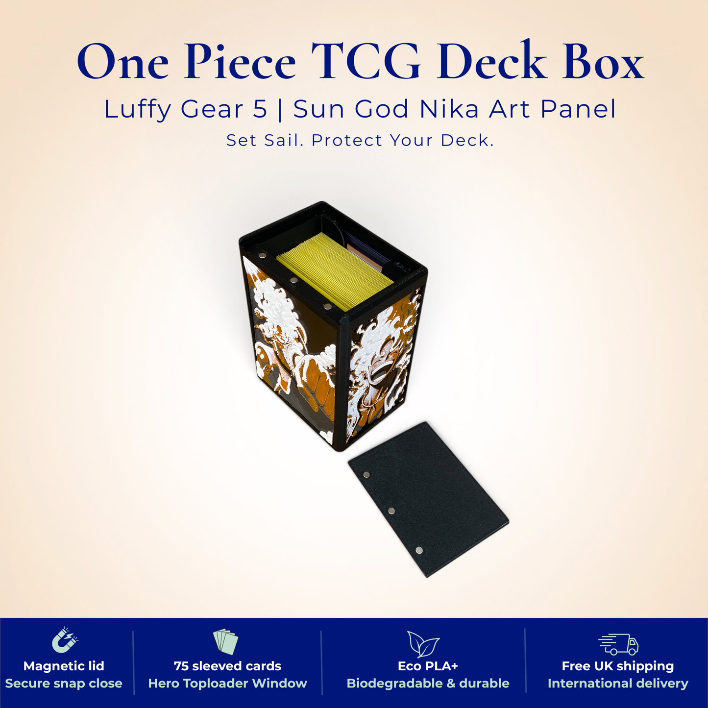 One Piece TCG Deck Box | Luffy Gear 5 Sun God Nika Art Panel, Magnetic Lid | 75+ Sleeved Cards
