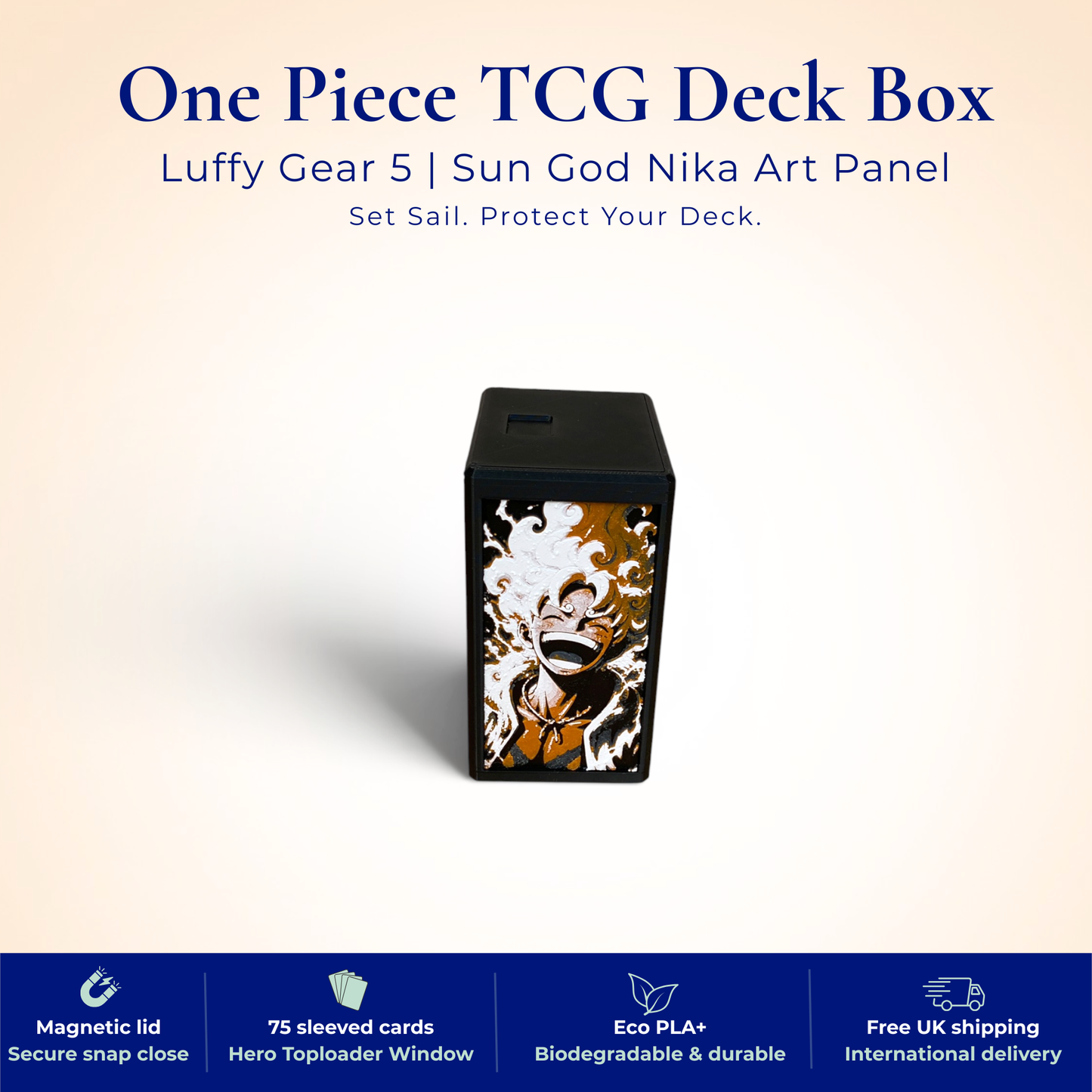 One Piece TCG Deck Box | Luffy Gear 5 Sun God Nika Art Panel, Magnetic Lid | 75+ Sleeved Cards