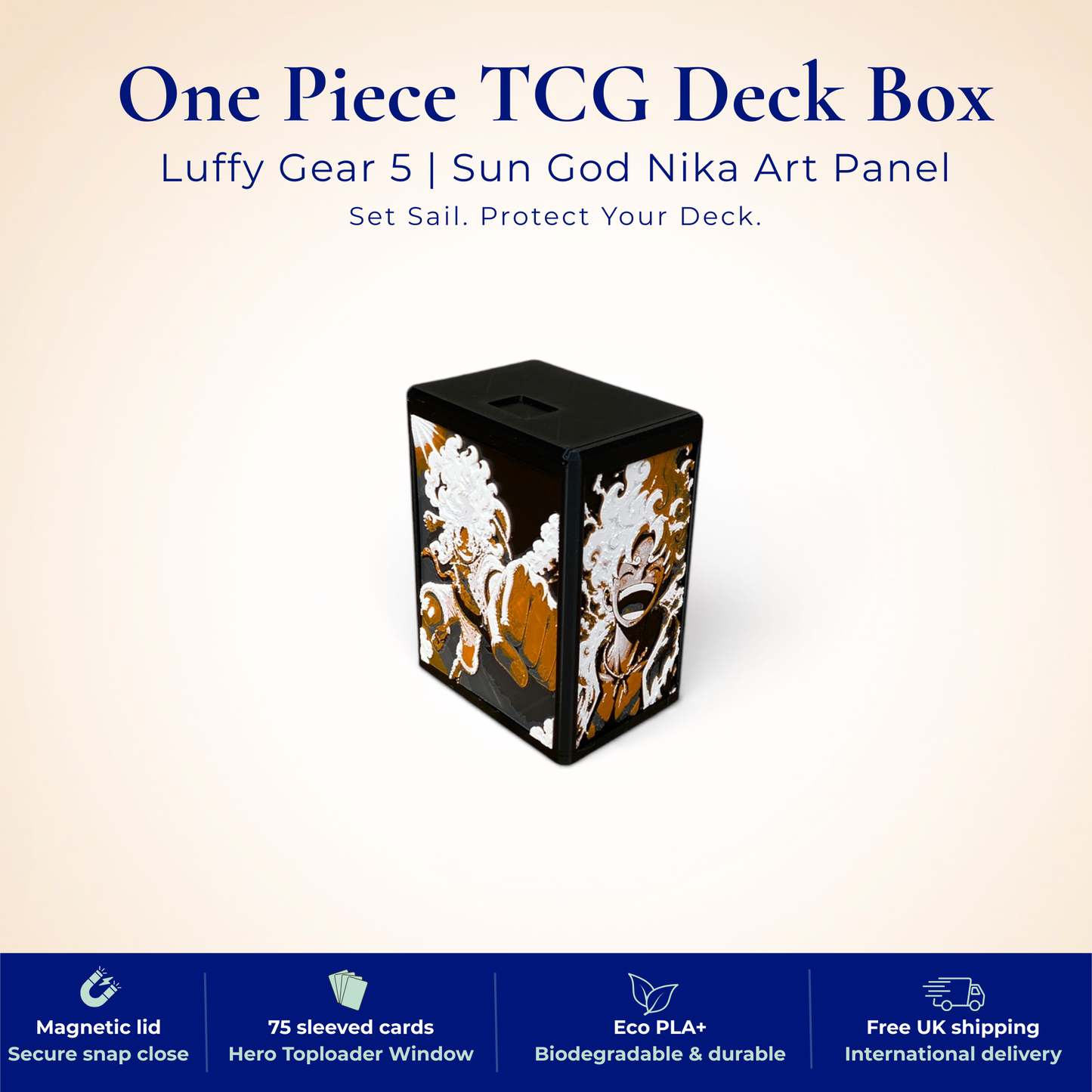 One Piece TCG Deck Box | Luffy Gear 5 Sun God Nika Art Panel, Magnetic Lid | 75+ Sleeved Cards