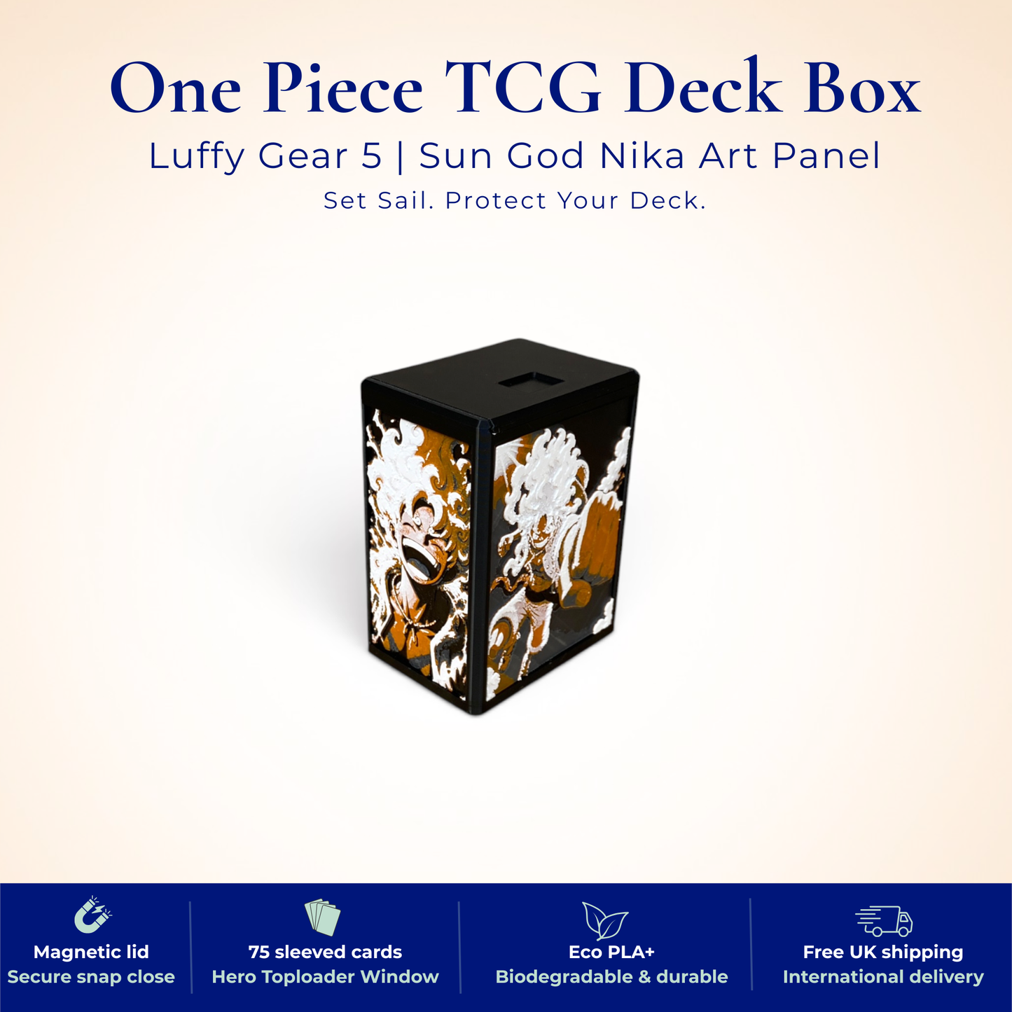One Piece TCG Deck Box | Luffy Gear 5 Sun God Nika Art Panel, Magnetic Lid | 75+ Sleeved Cards
