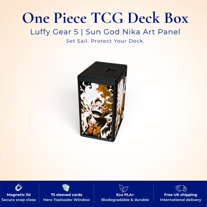 One Piece TCG Deck Box | Luffy Gear 5 Sun God Nika Art Panel, Magnetic Lid | 75+ Sleeved Cards