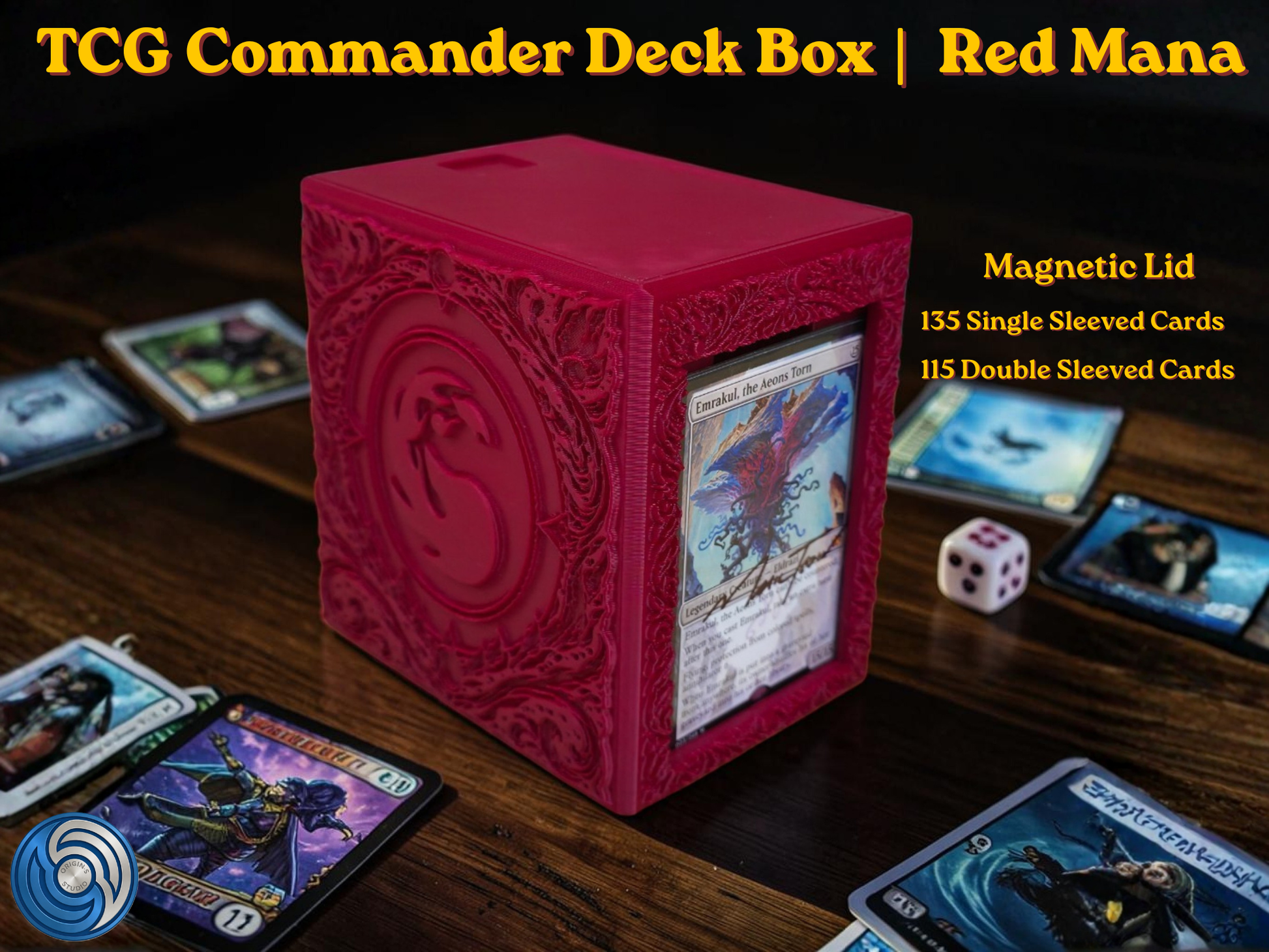 Red Mana Embossed 3D Printed Magnetic MTG Commander EDH Deck Box | Holds 100+ Double Sleeved Cards | Compatible with Magic The Gathering Commander, One Piece TCG, Disney Lorcana, Flesh and Blood | Premium PLA+ Card Vault | Available in Burgundy Red and Grey | UK Made by Origin·S Studio Rotherham | Gift for TCG Player
