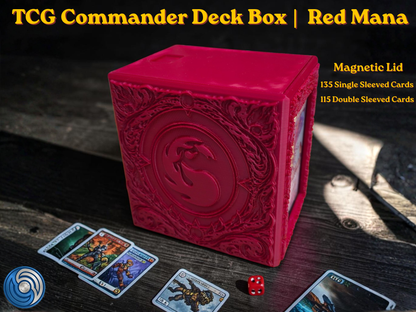 Red Mana Embossed 3D Printed Magnetic MTG Commander EDH Deck Box | Holds 100+ Double Sleeved Cards | Compatible with Magic The Gathering Commander, One Piece TCG, Disney Lorcana, Flesh and Blood | Premium PLA+ Card Vault | Available in Burgundy Red and Grey | UK Made by Origin·S Studio Rotherham | Gift for TCG Player