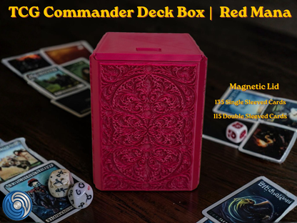 Red Mana Embossed 3D Printed Magnetic MTG Commander EDH Deck Box | Holds 100+ Double Sleeved Cards | Compatible with Magic The Gathering Commander, One Piece TCG, Disney Lorcana, Flesh and Blood | Premium PLA+ Card Vault | Available in Burgundy Red and Grey | UK Made by Origin·S Studio Rotherham | Gift for TCG Player