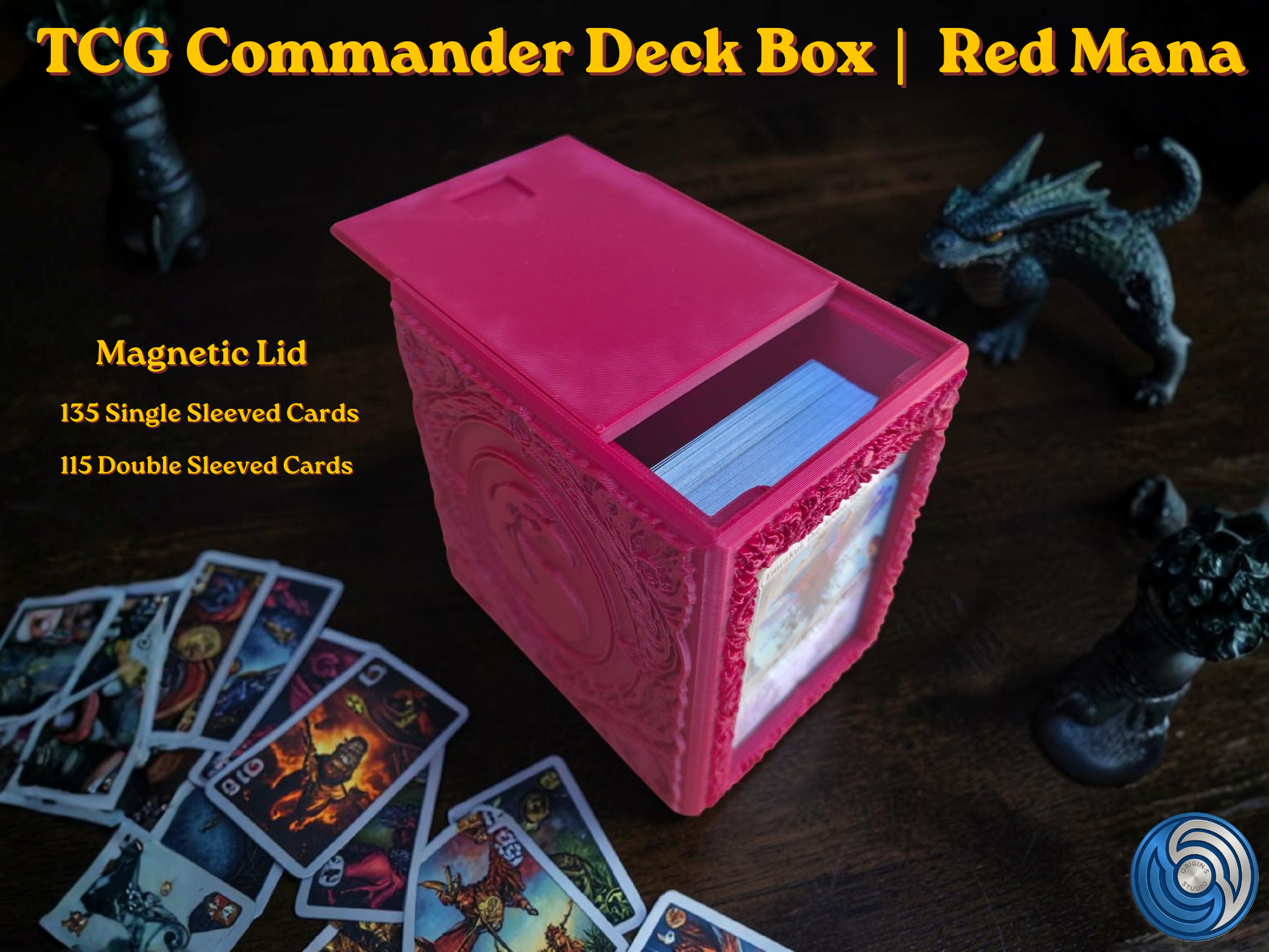 Red Mana Embossed 3D Printed Magnetic MTG Commander EDH Deck Box | Holds 100+ Double Sleeved Cards | Compatible with Magic The Gathering Commander, One Piece TCG, Disney Lorcana, Flesh and Blood | Premium PLA+ Card Vault | Available in Burgundy Red and Grey | UK Made by Origin·S Studio Rotherham | Gift for TCG Player