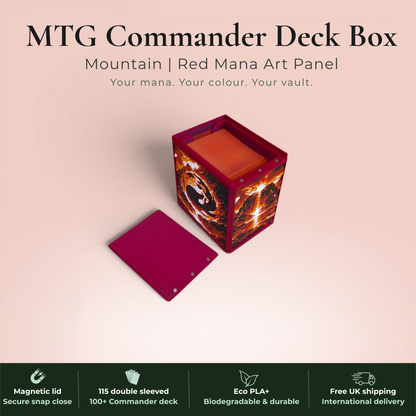 Red mana MTG Commander deck box handmade in Rotherham UK — Mountain phoenix and volcano art panels in red, orange and amber filament, magnetic lid, 115 double-sleeved card capacity, Commander display slot with top-loader included, colour applies to box body only, available in 14 colours and 8 special finishes.
