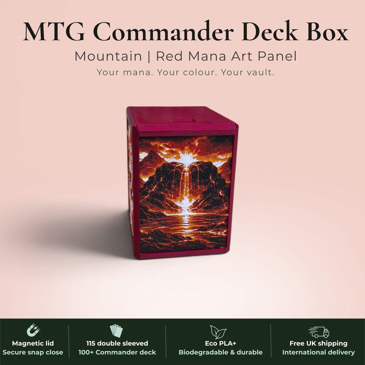 Red mana MTG Commander deck box handmade in Rotherham UK — Mountain phoenix and volcano art panels in red, orange and amber filament, magnetic lid, 115 double-sleeved card capacity, Commander display slot with top-loader included, colour applies to box body only, available in 14 colours and 8 special finishes.