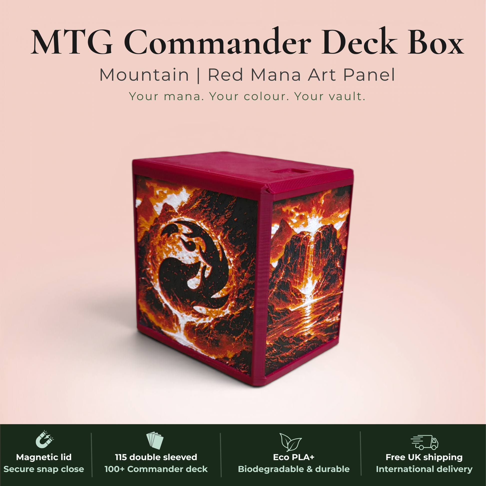 Red mana MTG Commander deck box handmade in Rotherham UK — Mountain phoenix and volcano art panels in red, orange and amber filament, magnetic lid, 115 double-sleeved card capacity, Commander display slot with top-loader included, colour applies to box body only, available in 14 colours and 8 special finishes.