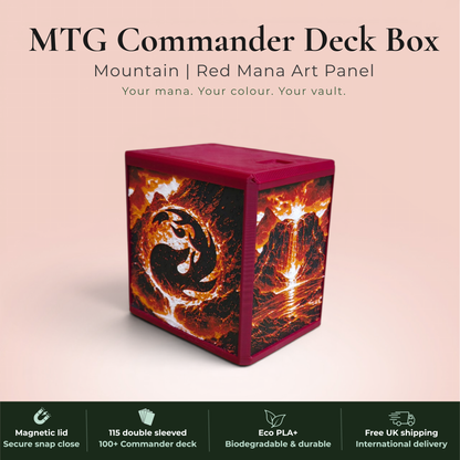 Red mana MTG Commander deck box handmade in Rotherham UK — Mountain phoenix and volcano art panels in red, orange and amber filament, magnetic lid, 115 double-sleeved card capacity, Commander display slot with top-loader included, colour applies to box body only, available in 14 colours and 8 special finishes.
