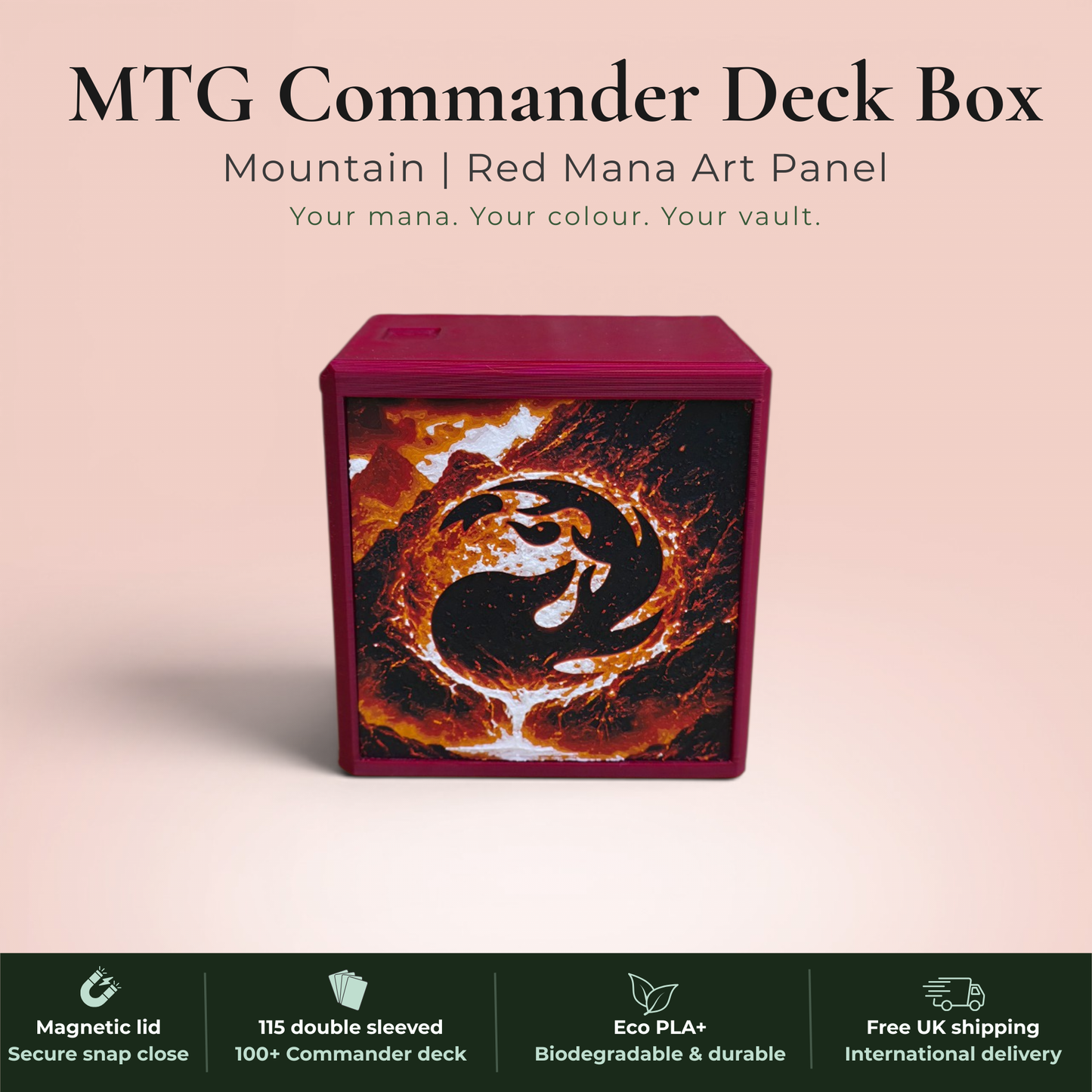 Red mana MTG Commander deck box handmade in Rotherham UK — Mountain phoenix and volcano art panels in red, orange and amber filament, magnetic lid, 115 double-sleeved card capacity, Commander display slot with top-loader included, colour applies to box body only, available in 14 colours and 8 special finishes.