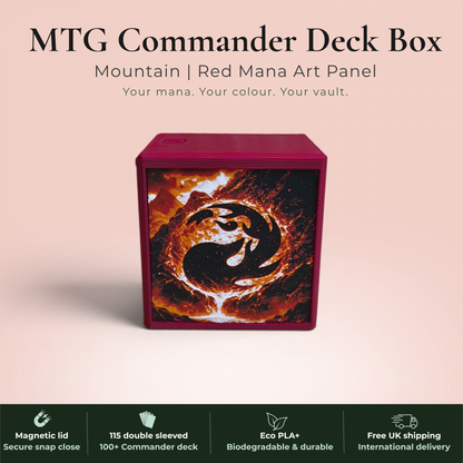 Red mana MTG Commander deck box handmade in Rotherham UK — Mountain phoenix and volcano art panels in red, orange and amber filament, magnetic lid, 115 double-sleeved card capacity, Commander display slot with top-loader included, colour applies to box body only, available in 14 colours and 8 special finishes.