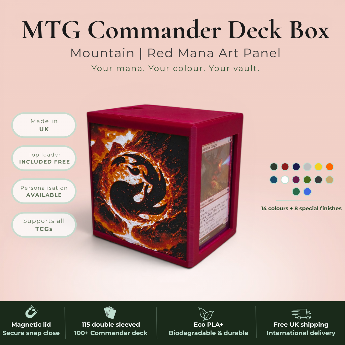 Red mana MTG Commander deck box handmade in Rotherham UK — Mountain phoenix and volcano art panels in red, orange and amber filament, magnetic lid, 115 double-sleeved card capacity, Commander display slot with top-loader included, colour applies to box body only, available in 14 colours and 8 special finishes.