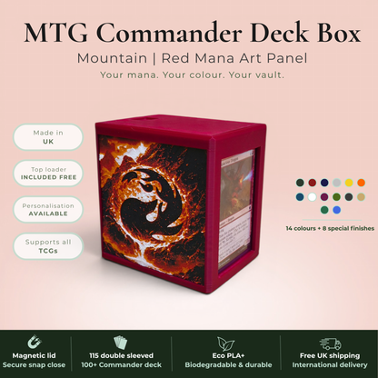 Red mana MTG Commander deck box handmade in Rotherham UK — Mountain phoenix and volcano art panels in red, orange and amber filament, magnetic lid, 115 double-sleeved card capacity, Commander display slot with top-loader included, colour applies to box body only, available in 14 colours and 8 special finishes.