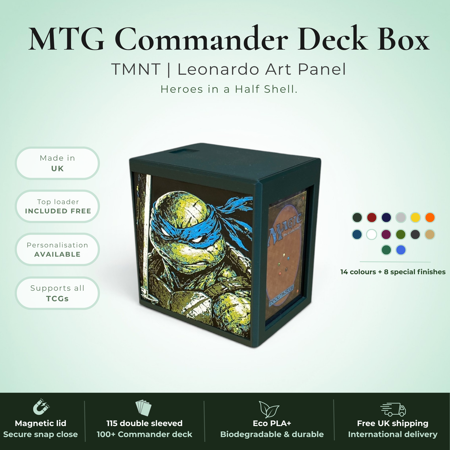 Leonardo TMNT MTG Deck Box | Mutant Ninja Turtles Commander EDH Vault | Magnetic | Magic the Gathering