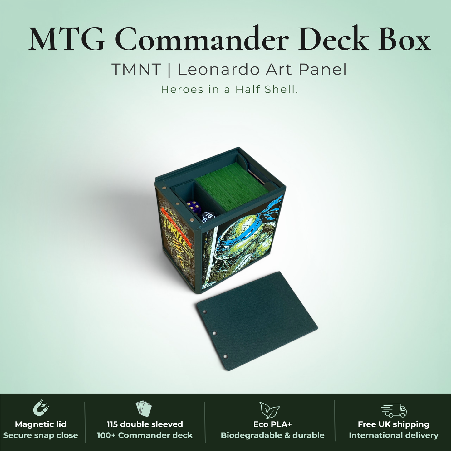 Leonardo TMNT MTG Deck Box | Mutant Ninja Turtles Commander EDH Vault | Magnetic | Magic the Gathering